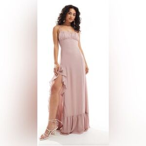 Spaghetti Strap Mauve Maxi Dress with Side Ruffle